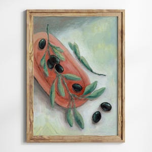 Black olives wall art print cottagecore decor rustic kitchen Green olive branches still life oil painting Greece food giclee poster artwork