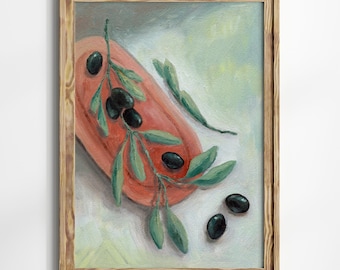 Lámina decorativa de aceitunas negras para pared, estilo cottagecore, cocina rústica, bodegón de ramas de olivo verde, pintura al óleo, comida griega, póster giclée, obra de arte