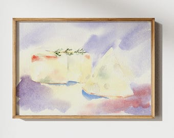 Pintura de acuarela de queso amarillo, comida italiana, impresión giclée en acuarela, bodegón de casa de campo, arte de pared para comedor, interior de cafetería moderna morada