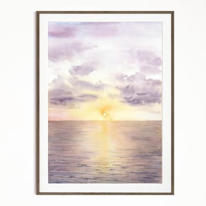 Pink coastal wall decor Ocean coastal artwork Beachy clouds room decor Beach watercolor print Vertical poster nature wall art