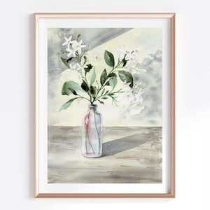 Aquarelle jasmin, art mural botanique, fleurs blanches, impression jet d'encre, affiche esthétique florale vert sauge, décoration Cottagecore pour la cuisine