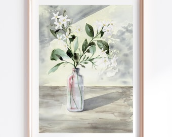 Pintura de acuarela de jazmín, arte botánico para pared, impresión giclée de flores blancas, póster de estética floral verde salvia, decoración cottagecore para cocina