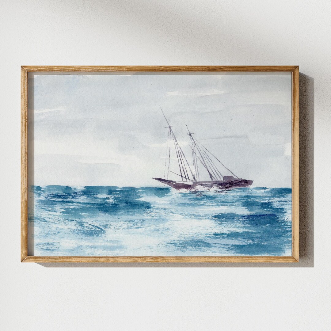 Coastal Wall Art Print Vintage Ship Watercolor Painting Ocean Waves ...