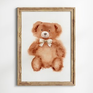 Impresiones de acuarela de animales Póster de oso pardo Pintura de juguete de peluche antiguo Arte de pared de guardería de bebé Regalo de cumpleaños vintage para niño Decoración de habitación neutra