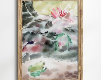 Pintura de acuarela de ranas de río, acuarela botánica de estanque japonés, flor de loto única, dibujo de naturaleza rústica japonesa, lirio rojo, bellas artes florales