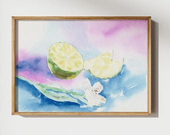 Pintura de acuarela de lima verde Fruta cítrica brillante Impresión giclée vintage Decoración rústica natural para el hogar Flor de alstroemeria acuarela azul claro