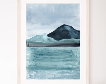 Pinturas de acuarela del río de invierno del norte, paisaje de montañas abstractas, arte de pared, acuarela minimalista azul marino, póster estético de playa costera