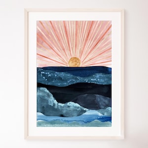 Arte de pared con paisaje impreso en el océano, pintura de acuarela abstracta con sol costero, cielo al atardecer, decoración de pared náutica sobre la cama, póster de habitación playera de 24 x 36