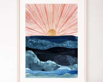 Arte de pared con paisaje impreso del océano, pintura de acuarela abstracta del sol costero, cielo del atardecer, decoración de pared náutica sobre la cama, póster de habitación playera de 24 x 36