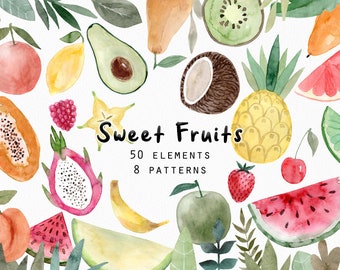 Watercolor fruits clipart. Summer food, sweet tropical exotic fruit png clip art. Seamless patterns, digital paper. Planner stickers print.