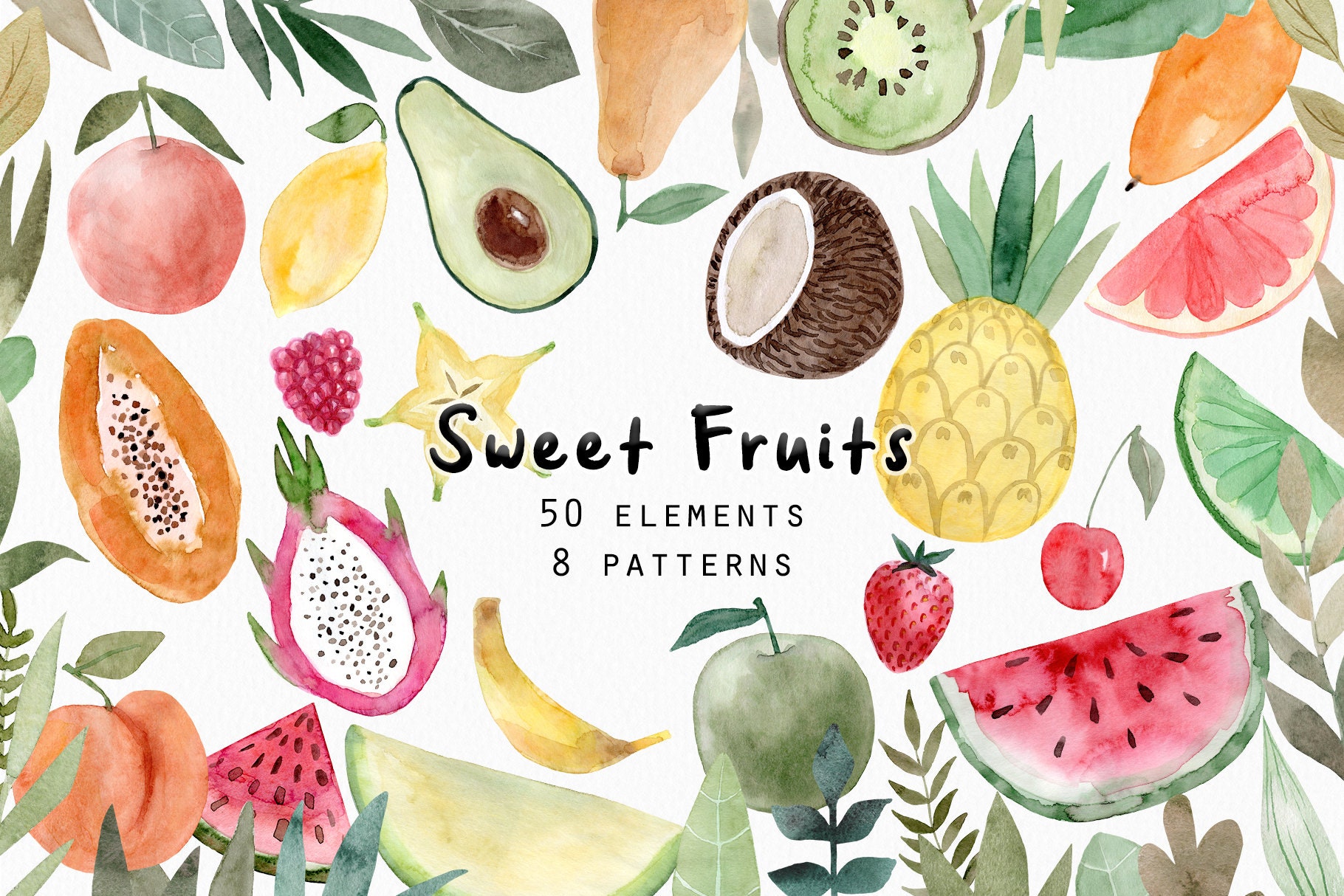 Watercolor Fruits Clipart. Summer Food, Sweet Tropical Exotic Fruit Png ...