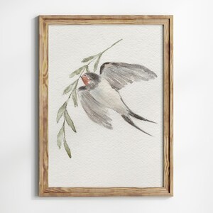 Pintura em aquarela de pássaro, arte de parede de floresta de andorinha, desenho botânico vintage, impressão estética da natureza, berçário de floresta, decoração rústica para casa