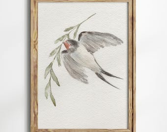 Pintura de acuarela de pájaro, arte mural de bosque de golondrinas, dibujo botánico vintage, impresión de naturaleza estética, decoración rústica para el hogar de guardería de bosque