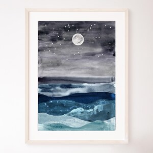 Abstrakte Meereswellen Aquarell Malerei Vollmond Licht Druck Marineblau Meer Wandkunst Dunkler Sternenhimmel Poster Stimmungsvolles minimalistisches Kunstwerk