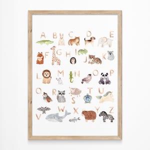 Póster del alfabeto de animales para la educación en el hogar, decoración de pared para habitación de niños, impresiones de safari para guardería de bebés, póster educativo para sala de juegos, letras para aula de niños