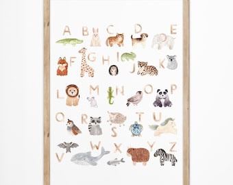 Animal alphabet poster homeschool Kids room wall art decor Safari baby nursery prints Educational playroom poster Children classroom letters