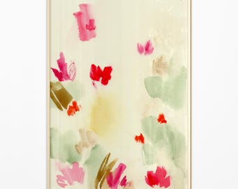 Impresión de acuarela abstracta de color amarillo claro, pintura de acuarela de flores, póster de arte de pared abstracto, decoración del hogar minimalista contemporánea, dibujo brillante