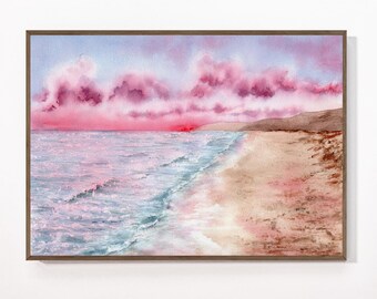 Arte de pared imprimible con acuarela de playa y océano, impresión de naturaleza con paisaje de California, decoración de baño náutico, póster interior rosa, decoración de habitación playera