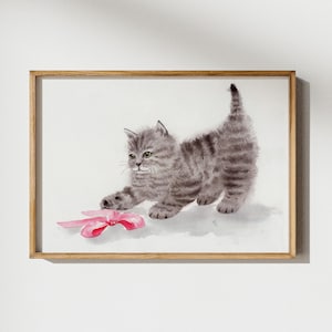 Cuadro de gato con estampado de acuarela de animales, bonito gatito gris, póster para niños, decoración de habitación de niña pequeña, arte de pared vintage para mascotas, regalo de Navidad