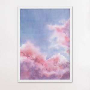 Pink clouds print watercolor painting. Blue pastel sky landscape wall art. Baby nursery poster. Purple fairytale decor. Aesthetic girl room.