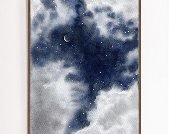 Lámina con cielo nocturno y nubes, lámina de noche estrellada para decoración de la habitación infantil, lámina espacial para la habitación del bebé, póster de luna creciente y estrellas para la habitación de los niños.