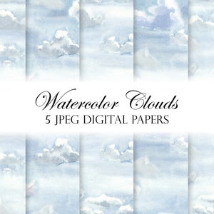 水彩画の空と雲。シームレスなパターン。水彩画の壁紙のデジタル背景。雲のベビーシャワーアート用のデジタルスクラップブック用紙