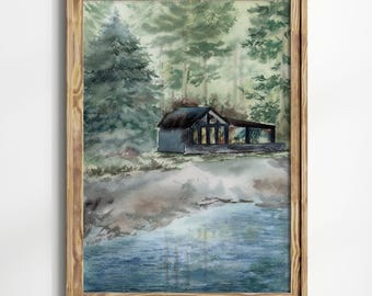 Cuadro decorativo de paisaje de bosque verde, estilo rústico de casa de campo junto al lago, póster de pinos perennes del parque nacional, obra de arte en acuarela de río azul.