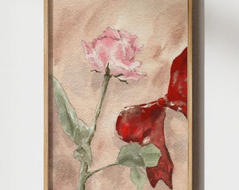 Pintura de acuarela de rosa rosa y lazo rojo, arte de pared botánico Aquarelle, impresiones vintage florales beige, póster rústico, coqueta, decoración de habitación, regalo