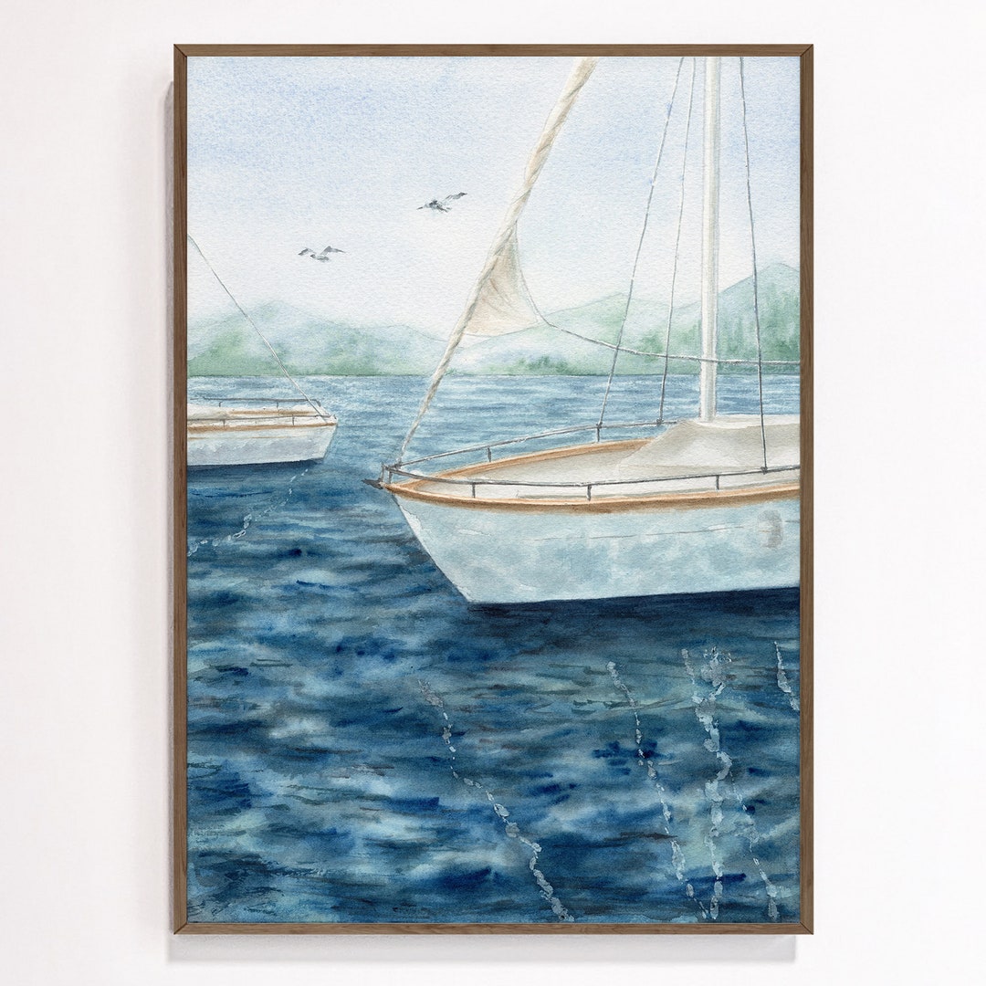 Coastal Wall Art Print Watercolor Nautical Aquarelle Navy Blue Ocean ...