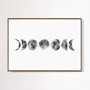 Pintura de acuarela de fases lunares Arte de pared de luna llena Decoración esotérica negra Dibujo gótico místico de media luna plateada oscura Póster estético de mal humor