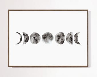 Pintura de acuarela de fases lunares Arte mural de luna llena Decoración esotérica negra Dibujo gótico místico de media luna plateada oscura Póster de estética melancólica
