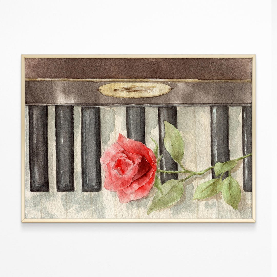 Red Rose Flower and Piano Painting Botanical Watercolor Print Vintage ...