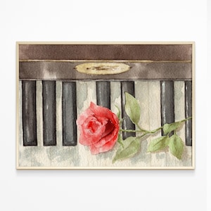 Fleur rose rouge et peinture pour piano, impression botanique, affiche musicale vintage, aquarelle, décoration florale antique, cadeau de Saint-Valentin unique pour elle
