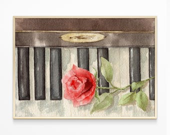 Red rose flower and piano painting Botanical watercolor print Vintage musical poster Antique floral decor Unique Valentine Day Gift for Her