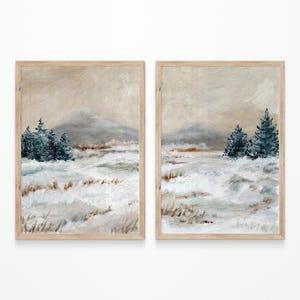 Impresión de acuarela de bosque invernal. Póster de paisaje natural de montañas nevadas. Arte mural navideño con árboles de hoja perenne. Decoración para el salón.