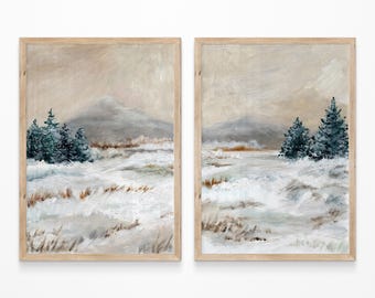 Impresión de acuarela de bosque invernal. Póster de paisaje natural de montañas nevadas. Arte mural navideño con árboles de hoja perenne. Decoración para el salón.