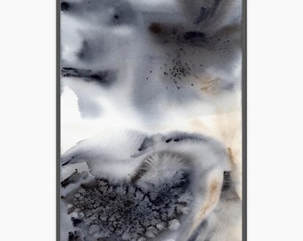 Impresión de arte de pared abstracto minimalista Pintura de acuarela en blanco y negro Póster grande neutro de 24 x 36 Decoración de pared de apartamento de mármol gris sobre la cama