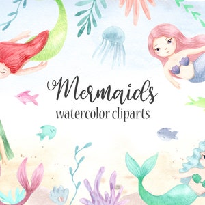 Mermaid watercolor clipart. Mermaids tails, tail digital png clip art. Little princess girl pattern, cute digital paper. Ocean underwater