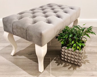 Chesterfield POUF Gray Velvet Legged Ottoman, Pouf, Ottoman Pouffe, Handmade Classic Chesterfield Pouf, Entryway Bench