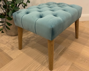 Baby Blue Velvet Chesterfield Ottoman Pouf, Entryway / Bedroom Light Blue Bench, Deep Buttoned Stool, Custom Furniture, Footstool