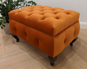 Oranje fluwelen poef met opbergdoos, Chesterfield poef, kleedkamerdecor, klassiek meubilair