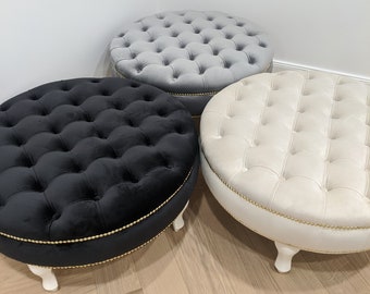 Round Velvet Chesterfield Ottoman: Deep Buttoned Coffee Table, Living Room Decor