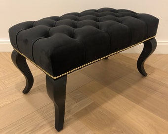 Chesterfield Black Velvet Ottoman Pouf with Golden Rivets, Black Velvet Furniture, Classic Furniture, Deep Buttoned Entryway Bench