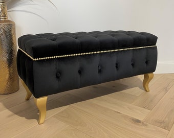 35,5" Entryway/Bedroom Storage Bench in Black Velvet with Wood Legs