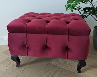 Burgundy Red Velvet Ottoman with Storage Box, Ottoman Pouf, Chesterfield Ottoman, Velvet Pouf