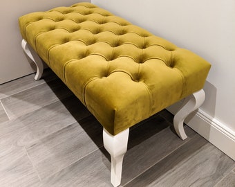 Mustard Yellow Chesterfield Bench Ottoman | Entryway Bench Ottoman | Mustard Yellow Ottoman | Four Legged Ottoman | Velvet Bench Ottoman