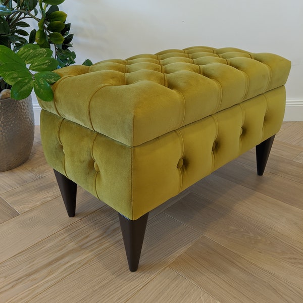 Mustard Yellow Chesterfield Ottoman with Storage Box, Entryway Bench, Velvet Bench with Storage, Mustard Yellow Ottoman