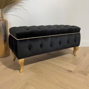 35,5" Entryway/Bedroom Storage Bench in Black Velvet with Wood Legs