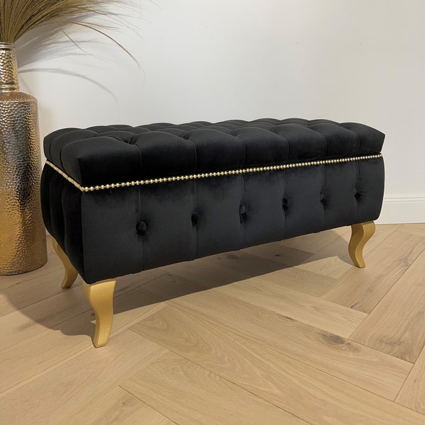 Banc de rangement pour entrée/chambre à coucher 35,5 po. en velours noir avec pieds en bois