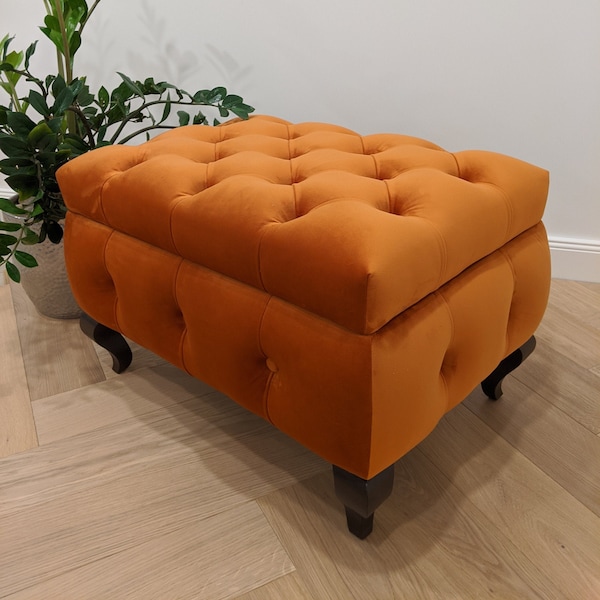 Pouf en velours orange avec boîte de rangement, pouf Chesterfield, décor de dressing, meubles classiques